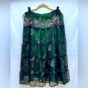 Emerald green skirt with gold embroidery from India with drawstring at waist.